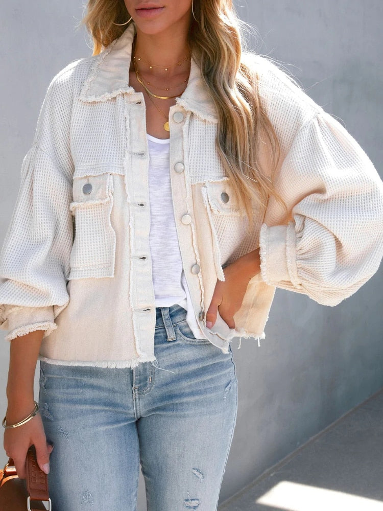 Street Wave Cropped Patchwork Jacket With Statement Sleeves For Women Everyday Wardrobe Essential