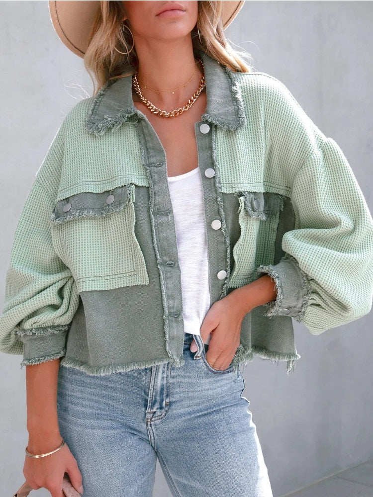 Street Wave Cropped Patchwork Jacket With Statement Sleeves For Women Everyday Wardrobe Essential