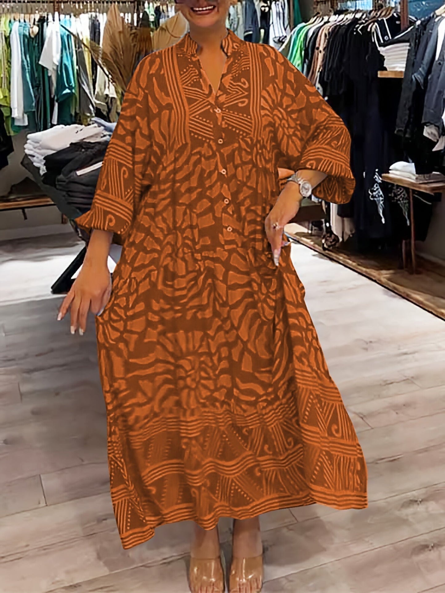 Geometric Print Maxi Dress By Streetwave For Women With Chic Airy Fit And Button Placket