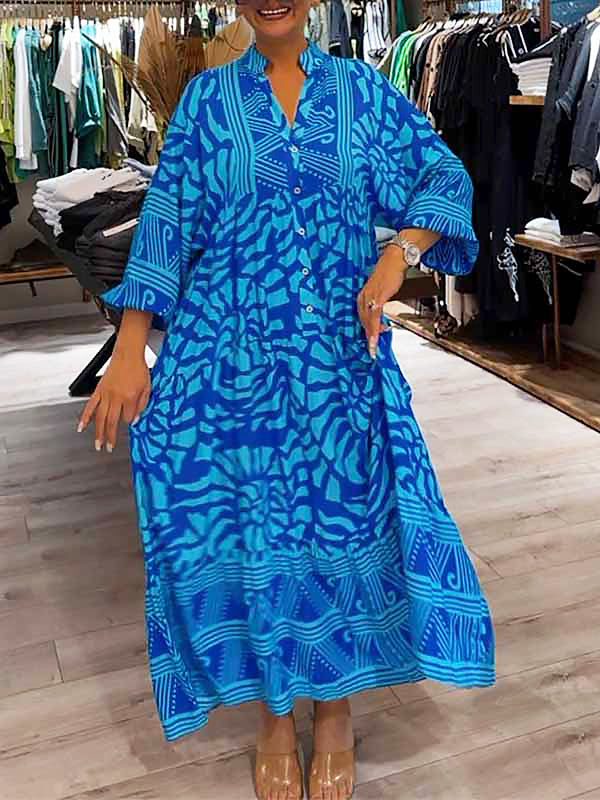 Geometric Print Maxi Dress By Streetwave For Women With Chic Airy Fit And Button Placket