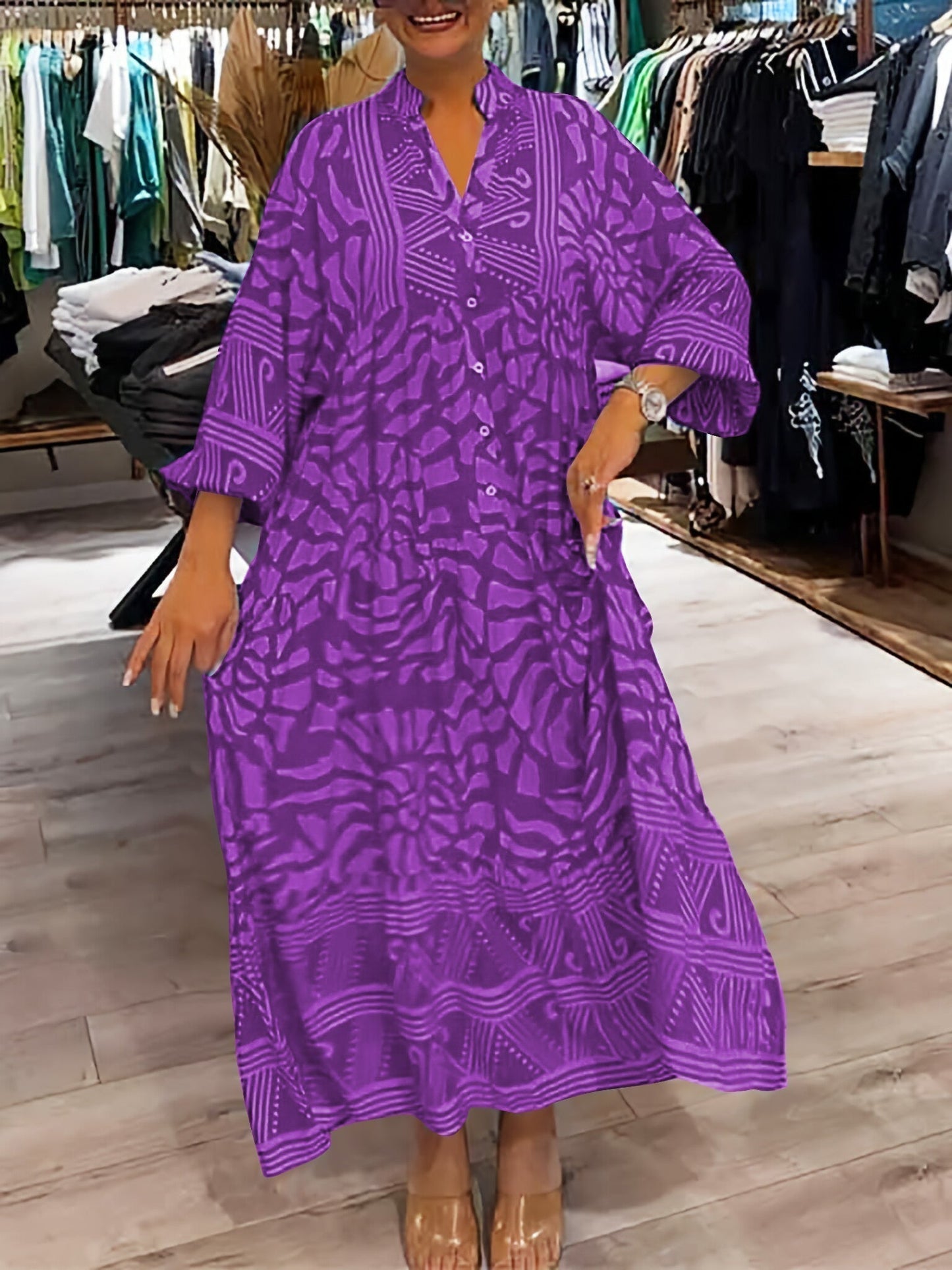 Geometric Print Maxi Dress By Streetwave For Women With Chic Airy Fit And Button Placket
