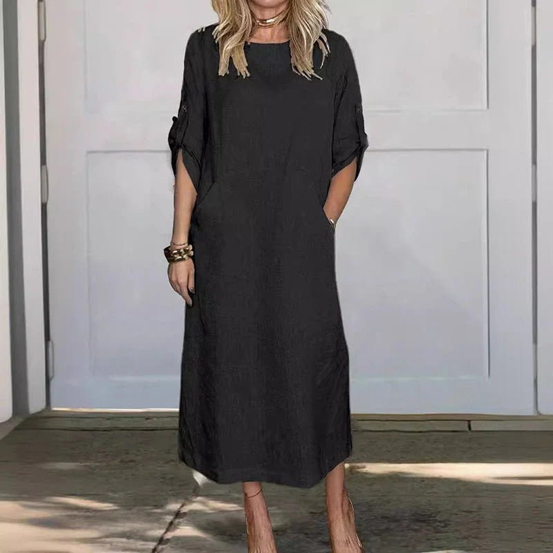 Street Wave Linen Midi Dress for Women With Breathable Light Fabric and Gathered Sleeves