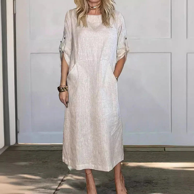 Street Wave Linen Midi Dress for Women With Breathable Light Fabric and Gathered Sleeves
