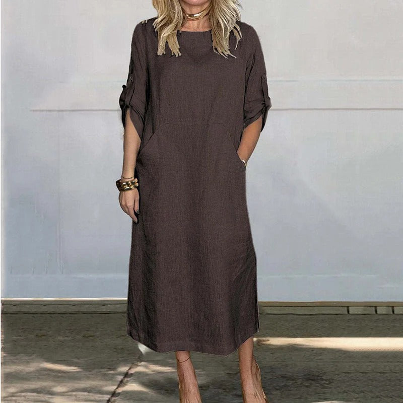 Street Wave Linen Midi Dress for Women With Breathable Light Fabric and Gathered Sleeves