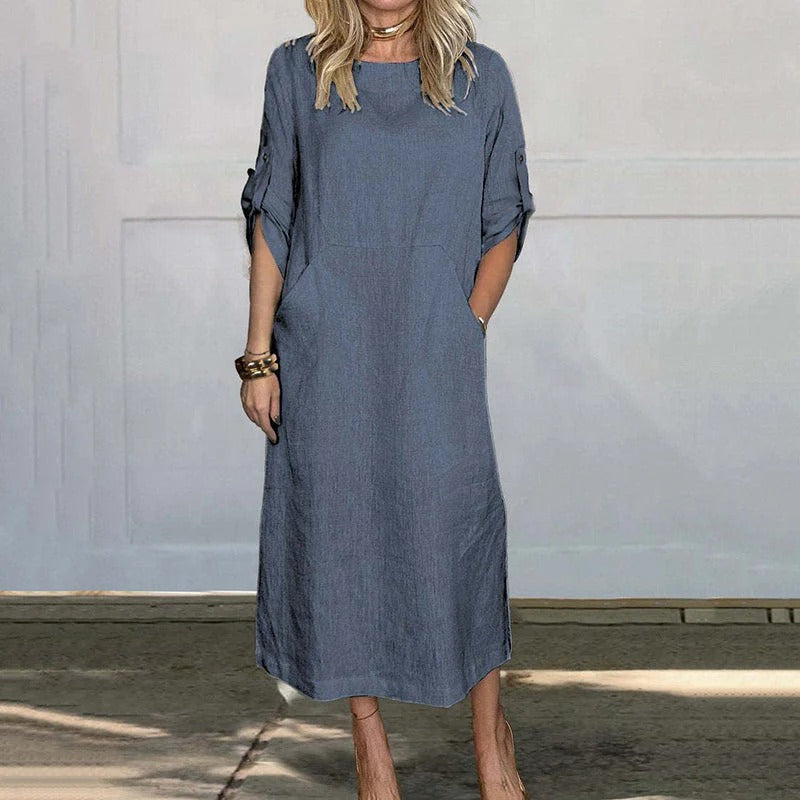 Street Wave Linen Midi Dress for Women With Breathable Light Fabric and Gathered Sleeves