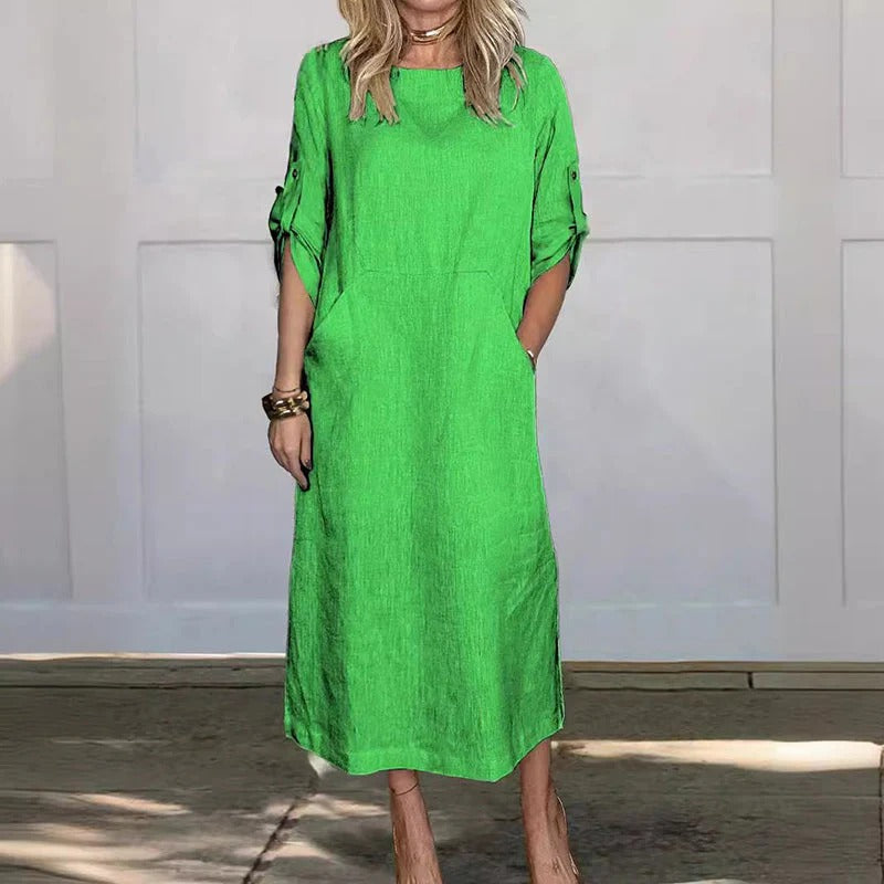 Street Wave Linen Midi Dress for Women With Breathable Light Fabric and Gathered Sleeves