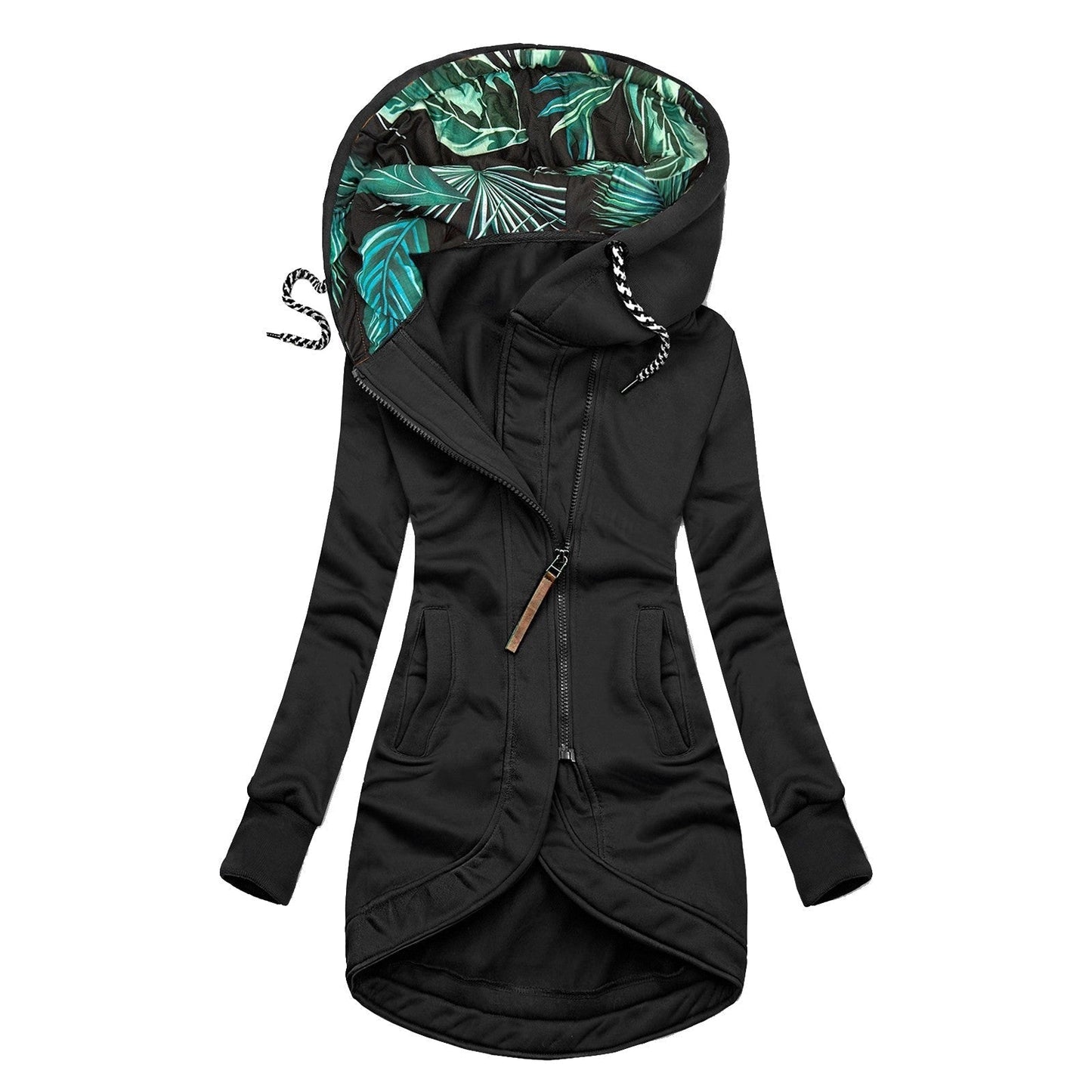 Street-wave Women Tailored Zip Up Jacket With Tropical Leaf Lined Hood For Stylish Comfort