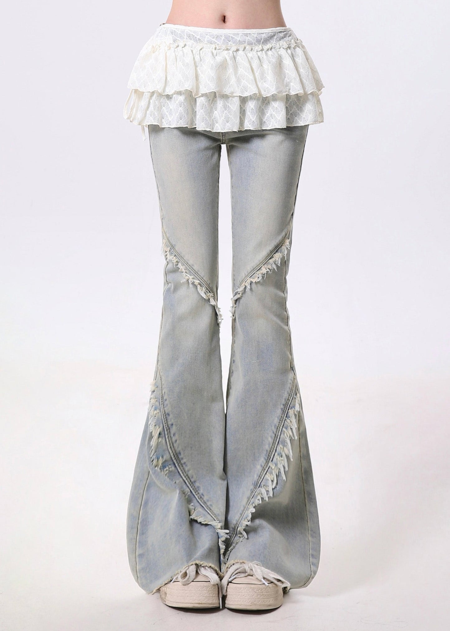 Pantalon en denim bleu clair italien à volants et à franges, style patchwork, à pattes d'éléphant, printemps - Street-Wave