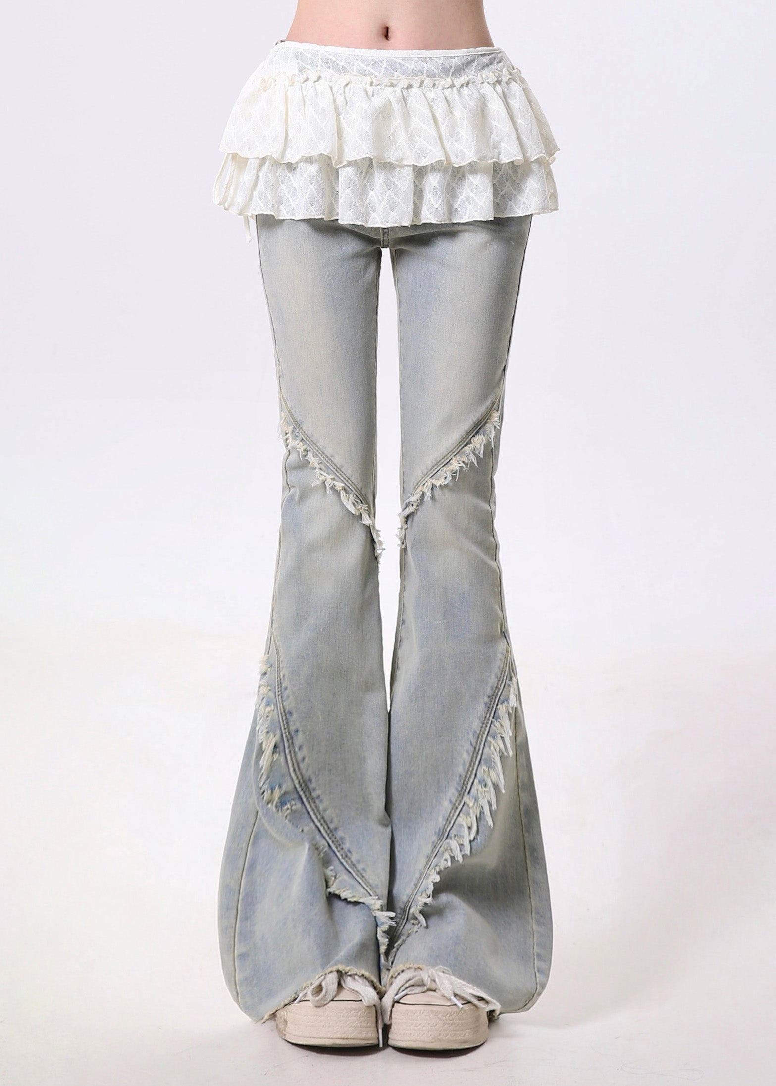 Pantalon en denim bleu clair italien à volants et à franges, style patchwork, à pattes d'éléphant, printemps - Street-Wave
