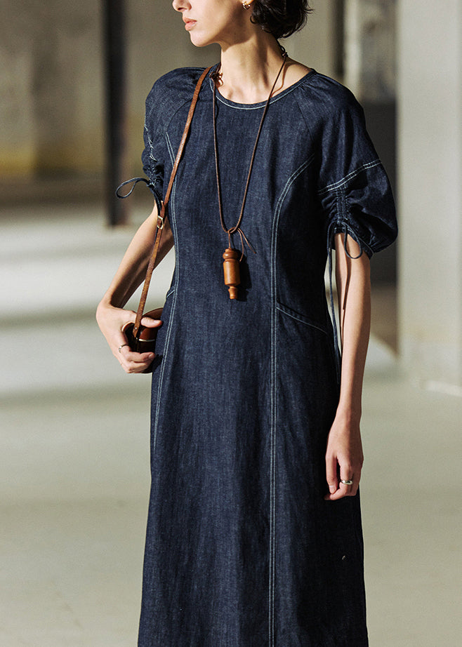 Robe d'été en jean bleu marine italien à col rond et cordon de serrage - Street-Wave