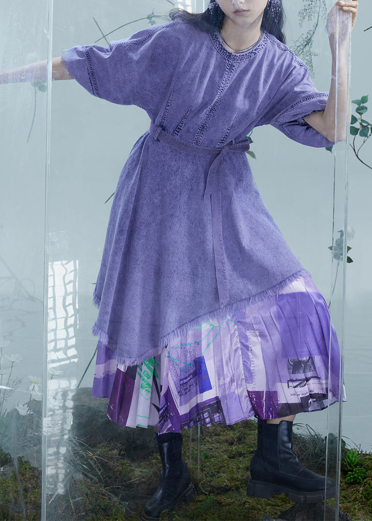 Robe en jean patchwork asymétrique violet italien à manches lanternes - Street-Wave
