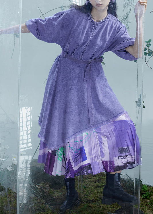 Robe en jean patchwork asymétrique violet italien à manches lanternes - Street-Wave