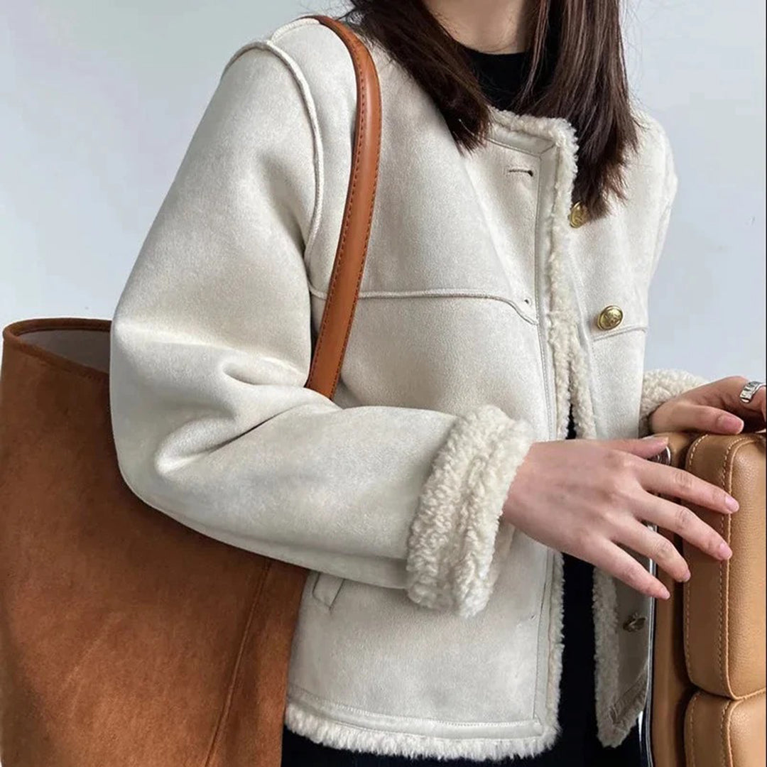 Street-Wave Shearling Jacket For Women With Soft Fleece Lining Collarless Design Gold Buttons Slim Fit