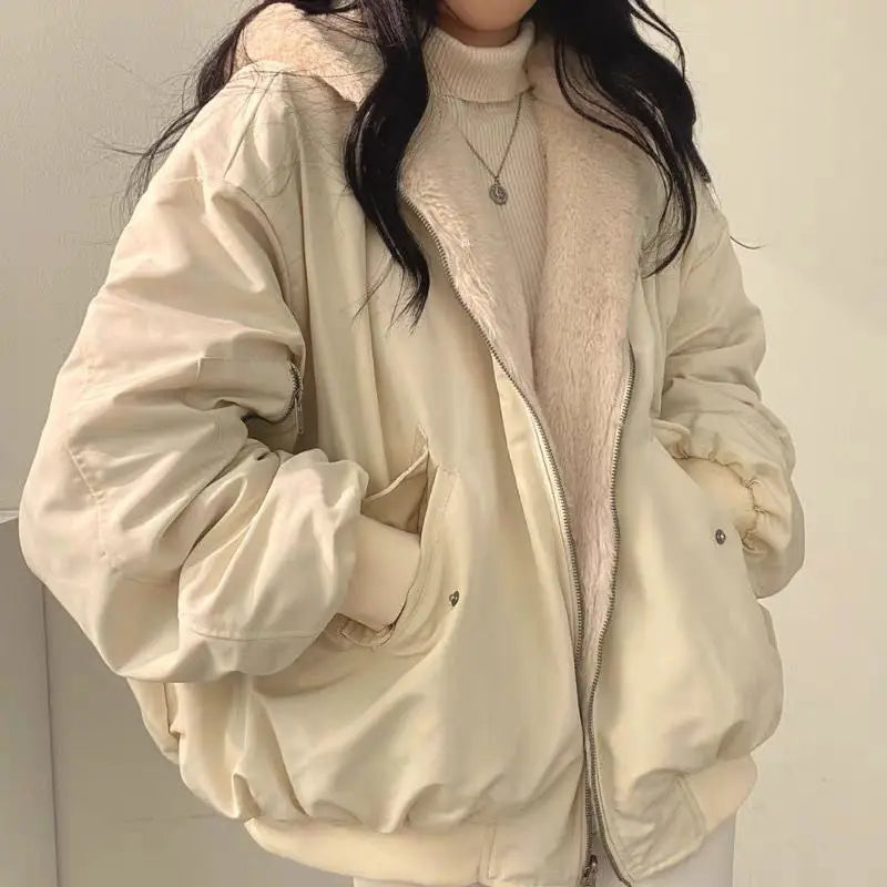 Street Wave Oversized Plush Lined Hooded Jacket For Women Cozy Warmth And Comfort