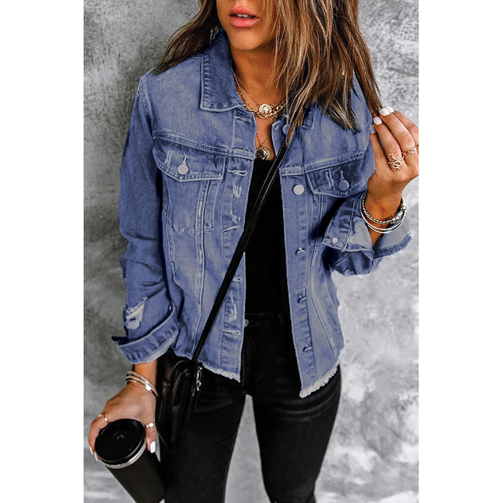 Street-Wave Jane Denim Jacket Distressed Hem For Unisex Style