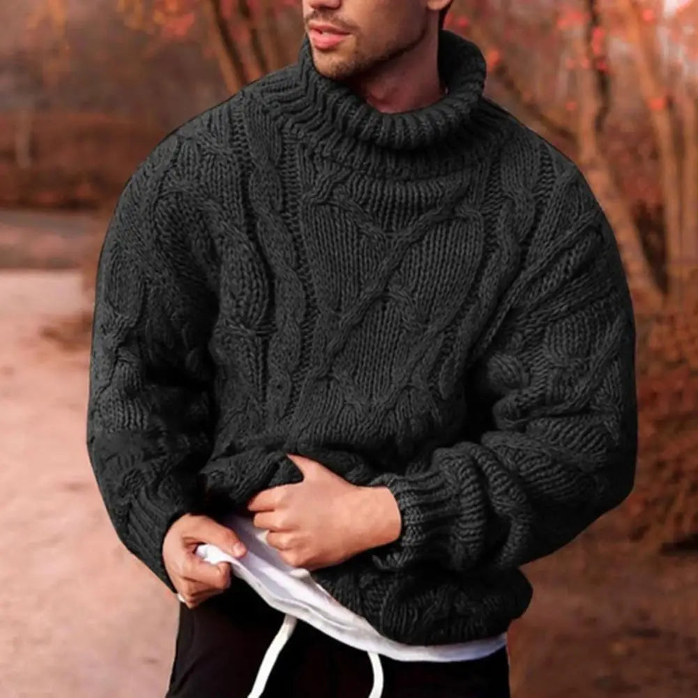 Street-Wave Cable Knit Pullover With Roll Neck Turtleneck, Cozy Warmth For Men, Everyday Style