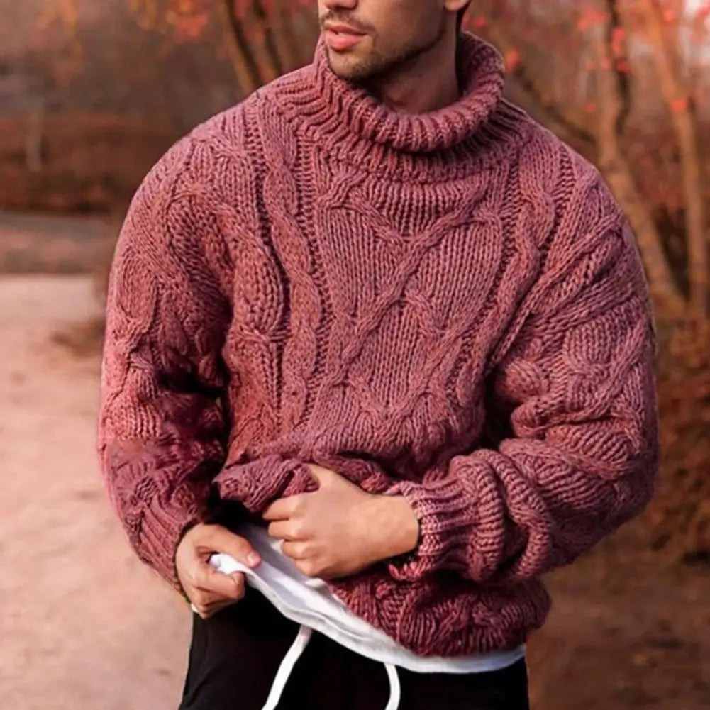 Street-Wave Cable Knit Pullover With Roll Neck Turtleneck, Cozy Warmth For Men, Everyday Style