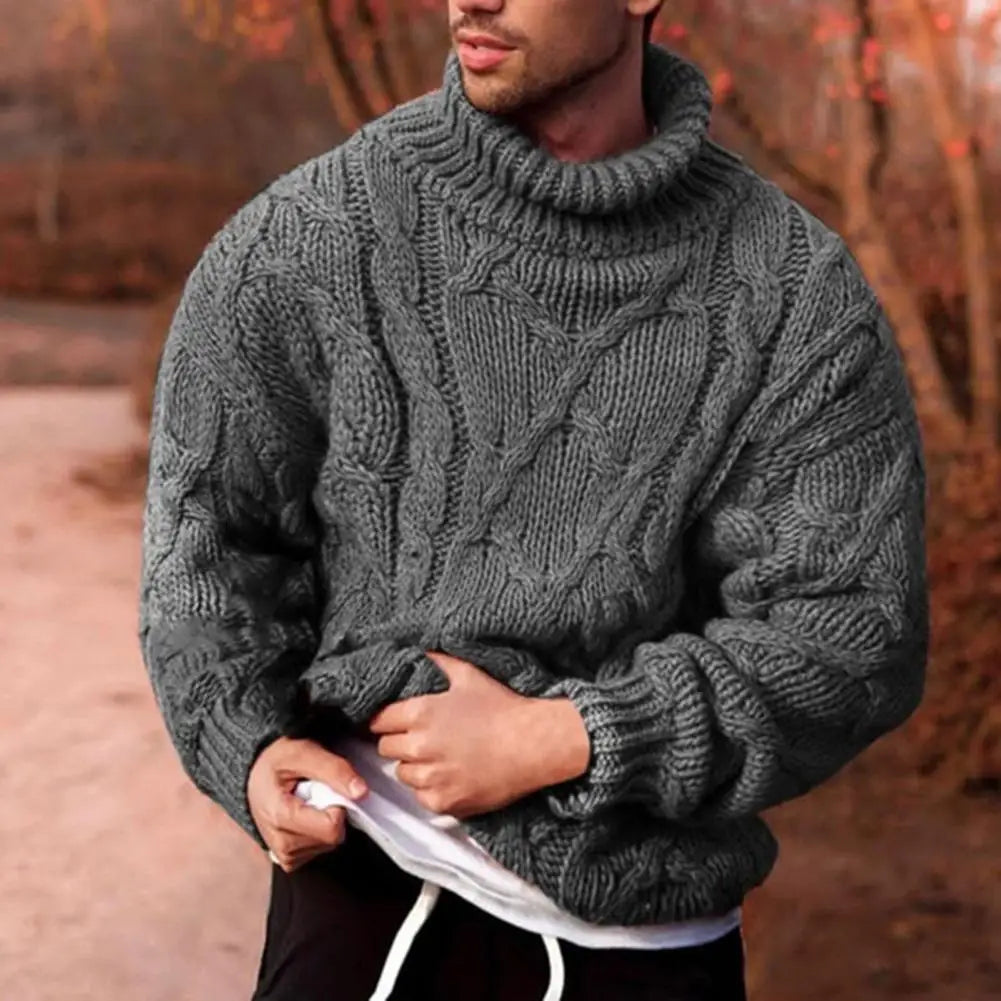 Street-Wave Cable Knit Pullover With Roll Neck Turtleneck, Cozy Warmth For Men, Everyday Style