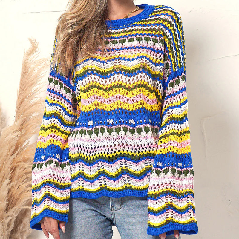 Street-Wave Colorful Patterned Knit Cardigan Acrylic Cozy and Trendy for Women Everyday Wear
