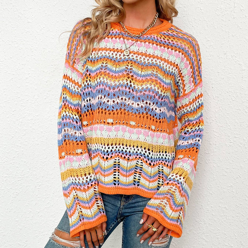 Street-Wave Colorful Patterned Knit Cardigan Acrylic Cozy and Trendy for Women Everyday Wear
