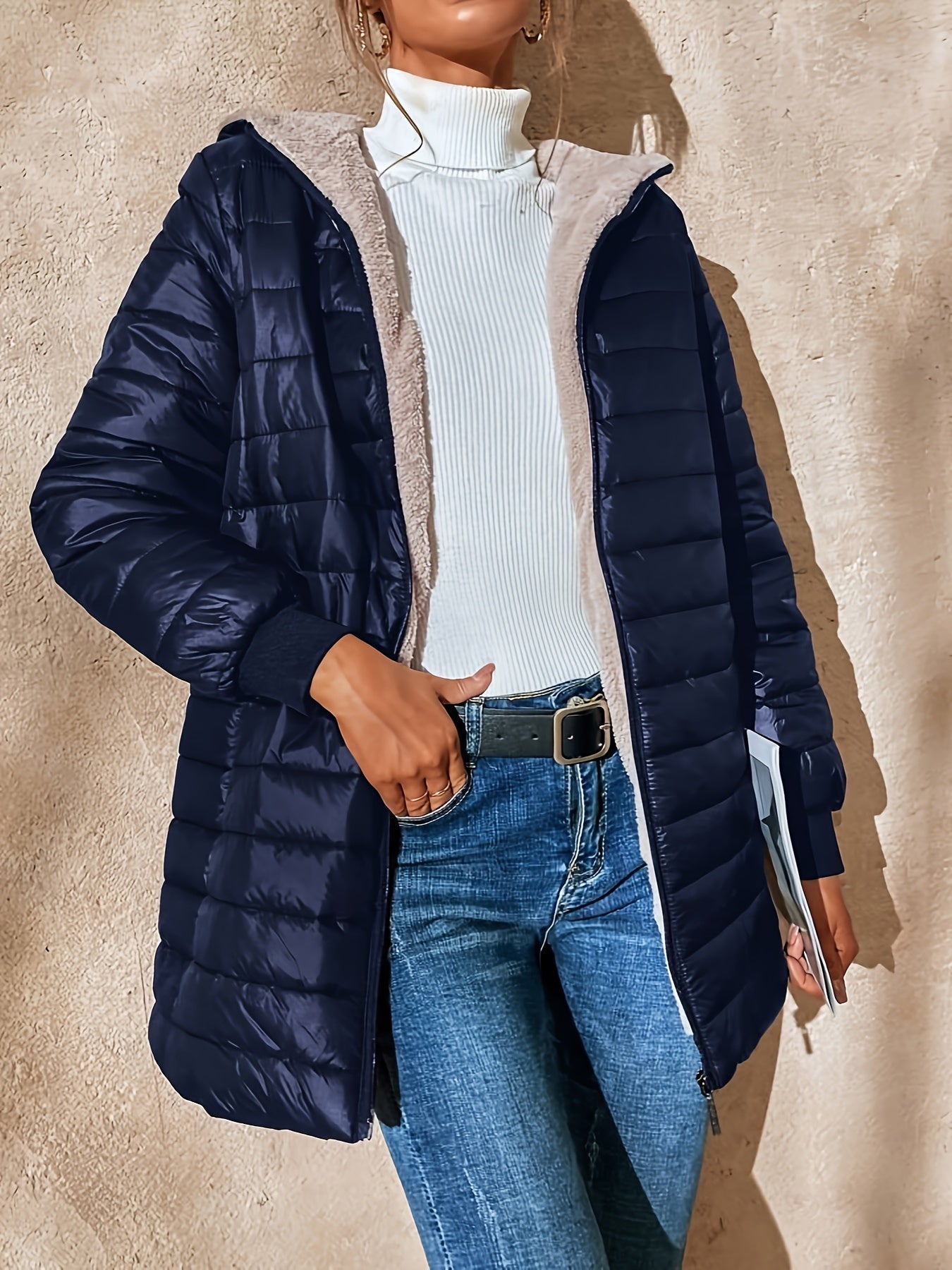 Street Wave Long Puffer Coat For Women With Cozy Beige Fleece Lining And Hooded Winter Warmth