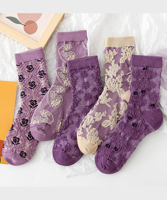 Chaussettes mi-mollet polyvalentes en jacquard violet de style japonais pour l'automne - Street-Wave