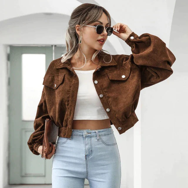 Street Wave Striped Corduroy Jacket For Women Cropped With Oversized Puff Sleeves Cozy Chic