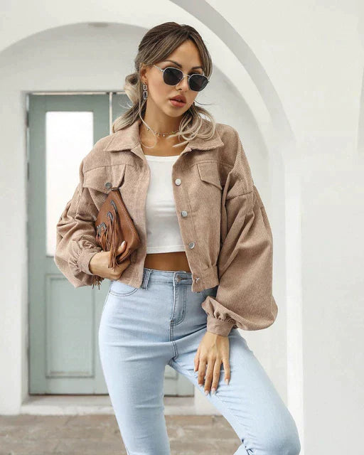 Street Wave Striped Corduroy Jacket For Women Cropped With Oversized Puff Sleeves Cozy Chic