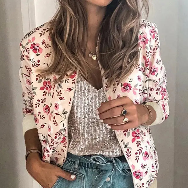 Street-Wave Floral Bomber Jacket for Women Lightweight Zip Jacket for Spring and Fall