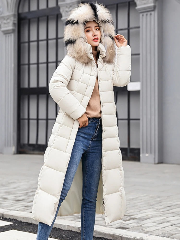 Street-wave Long Puffer Coat For Women Stylish Warm Winter Parka With Luxurious Fur Hood