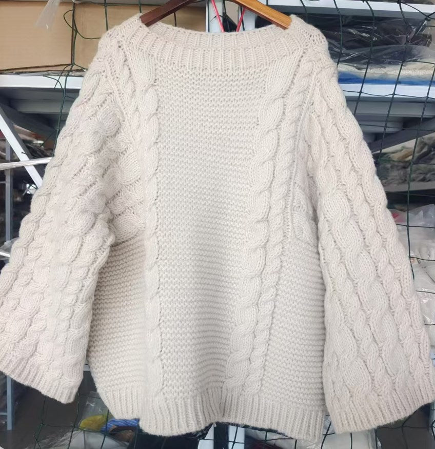 Street-wave Cable Knit Pullover For Women With Oversized Fit And Thick Cable Pattern Cozy Warmth