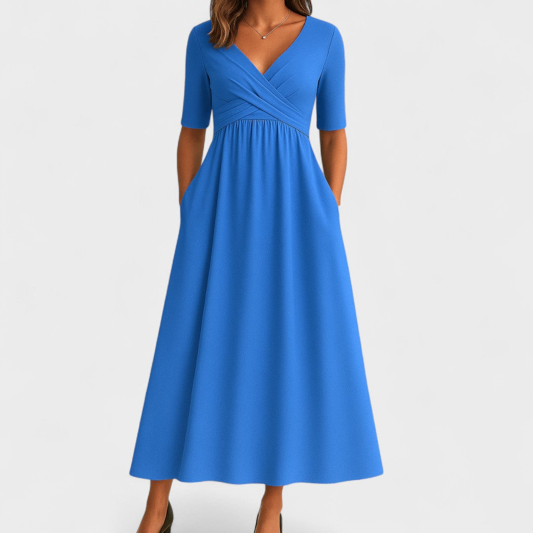 Street Wave Jessica V Neck Midi Dress For Women Flattering