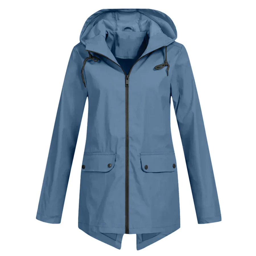 Street-wave Waterproof Womens Rain Jacket With Hood Zipper Closure And Front Pockets