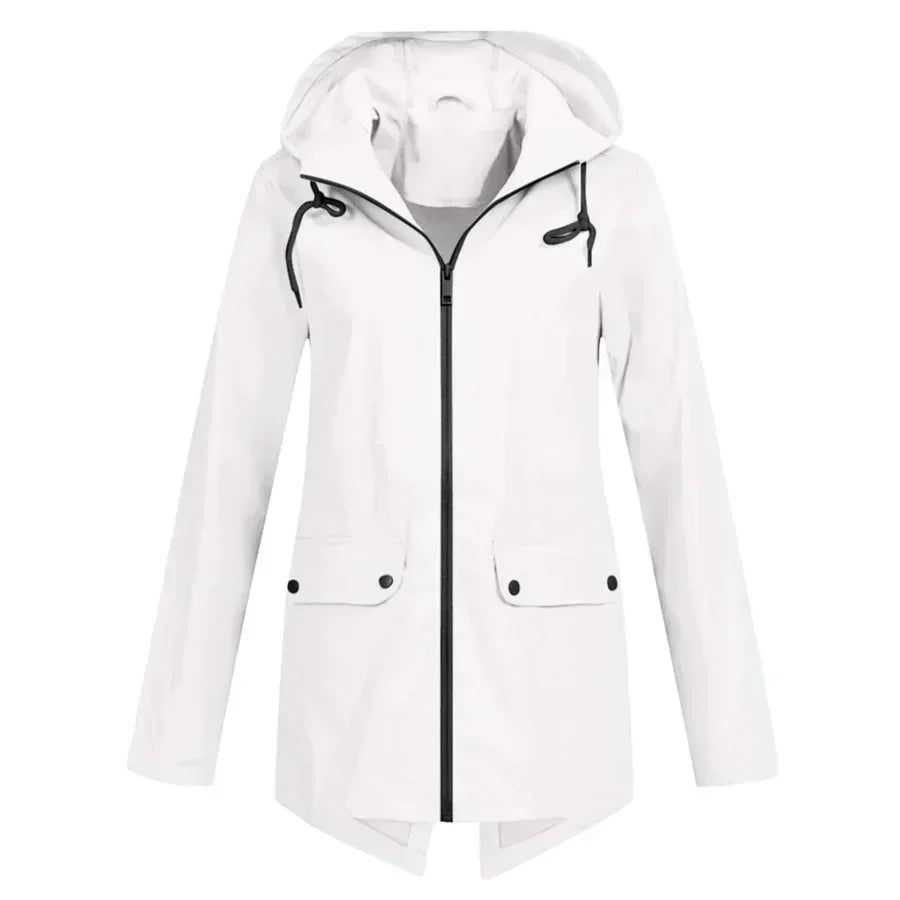 Street-wave Waterproof Womens Rain Jacket With Hood Zipper Closure And Front Pockets