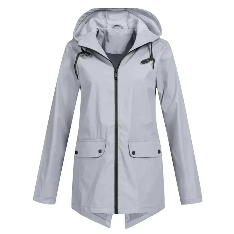 Street-wave Waterproof Womens Rain Jacket With Hood Zipper Closure And Front Pockets