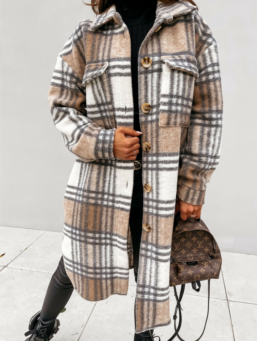 Streetwave Long Wool Coat For Women Plaid Pattern Cozy Warmth Versatile Fall Winter Jacket