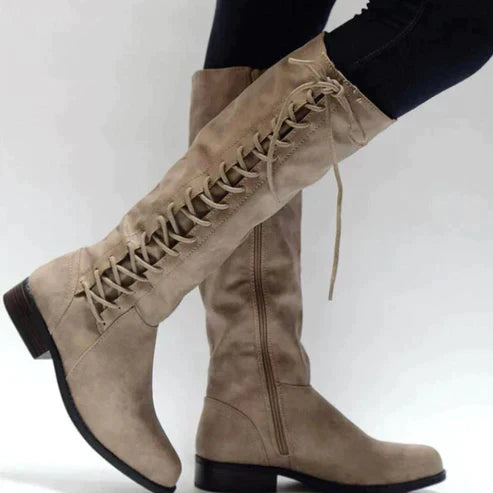 Street-Wave Knee-High Lace-Up Boots for Women with Flat Sole Slim Fit Side Zipper