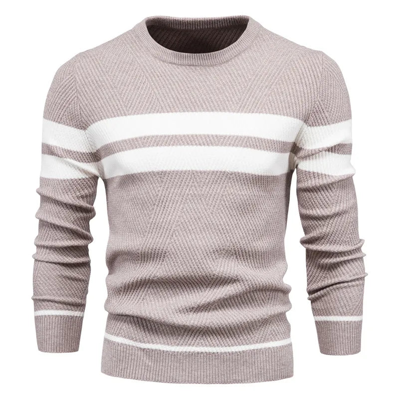 Street-wave Striped Cotton Knit Pullover For Men Modern Comfortable Everyday Essential