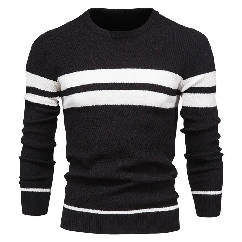 Street-wave Striped Cotton Knit Pullover For Men Modern Comfortable Everyday Essential
