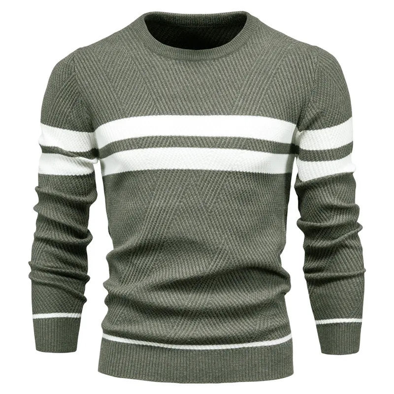 Street-wave Striped Cotton Knit Pullover For Men Modern Comfortable Everyday Essential