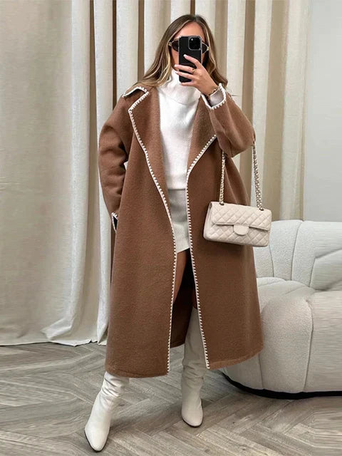 Street-Wave Long Wool Coat With Contrast Stitching For Women Luxurious Comfort Everyday Style