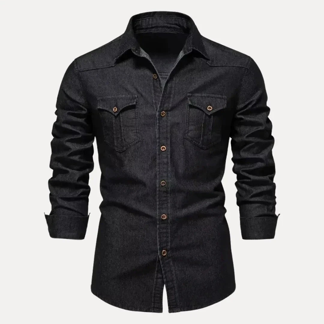Kael Long Sleeve Denim Shirt For Men Button Down Western Style With Vintage Wash