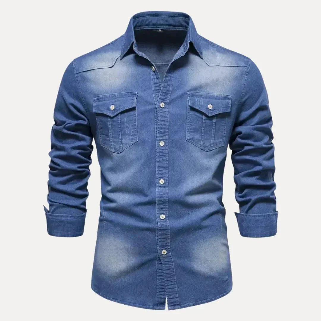 Kael Long Sleeve Denim Shirt For Men Button Down Western Style With Vintage Wash