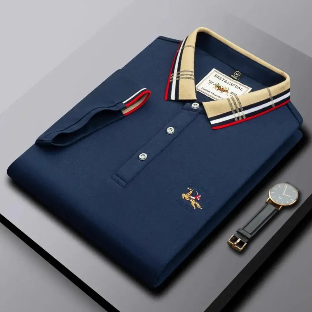 Kairo Classic Polo Shirt For Men By Street-Wave Navy With Contrast Striped Collar And Three Button Placket