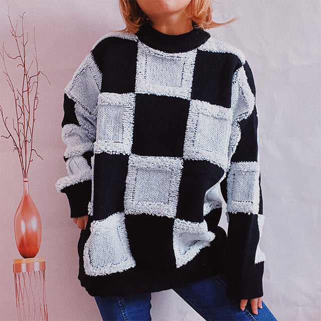 Streetwave Patchwork Knit Sweater For Women Cozy Cotton Blend Colorblock Crewneck