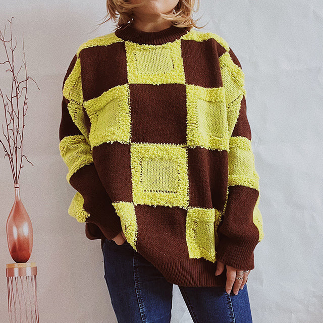 Streetwave Patchwork Knit Sweater For Women Cozy Cotton Blend Colorblock Crewneck