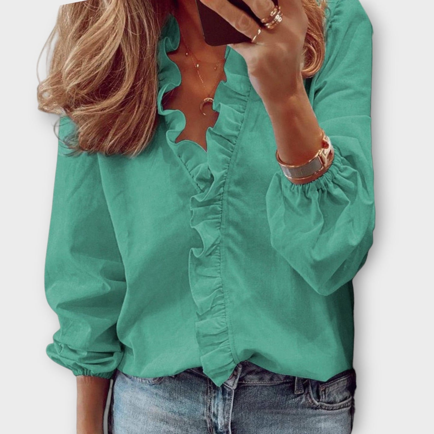 Women's Long Sleeve Blouse with Ruffle Front and V-Neck