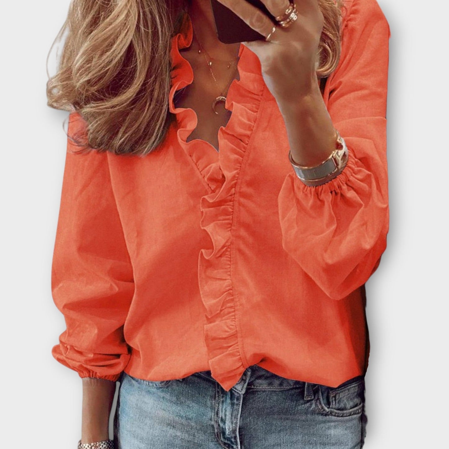 Women's Long Sleeve Blouse with Ruffle Front and V-Neck