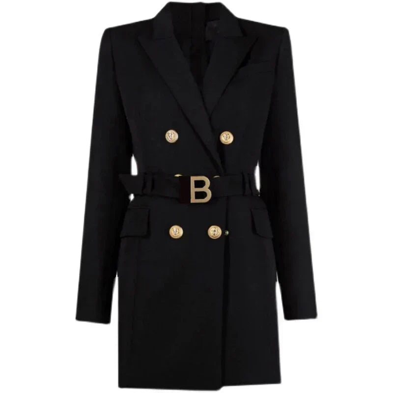 Street Wave Classic Office Blazer Dress With Belt For Professionals And Luxurious Buttons