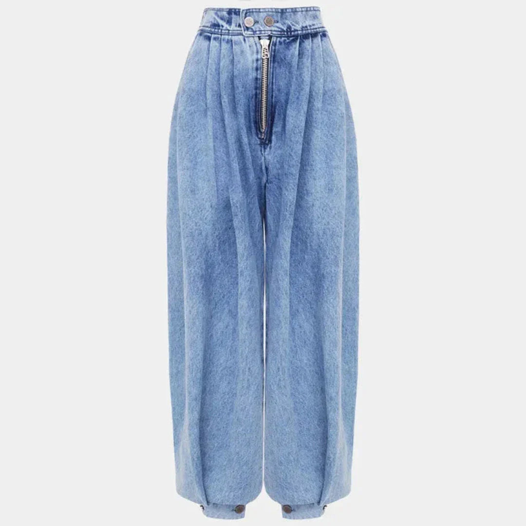 Kendall High-Waisted Harem Jeans With Balloon Leg Silhouette And Adjustable Ankle Cuffs Denim Pants